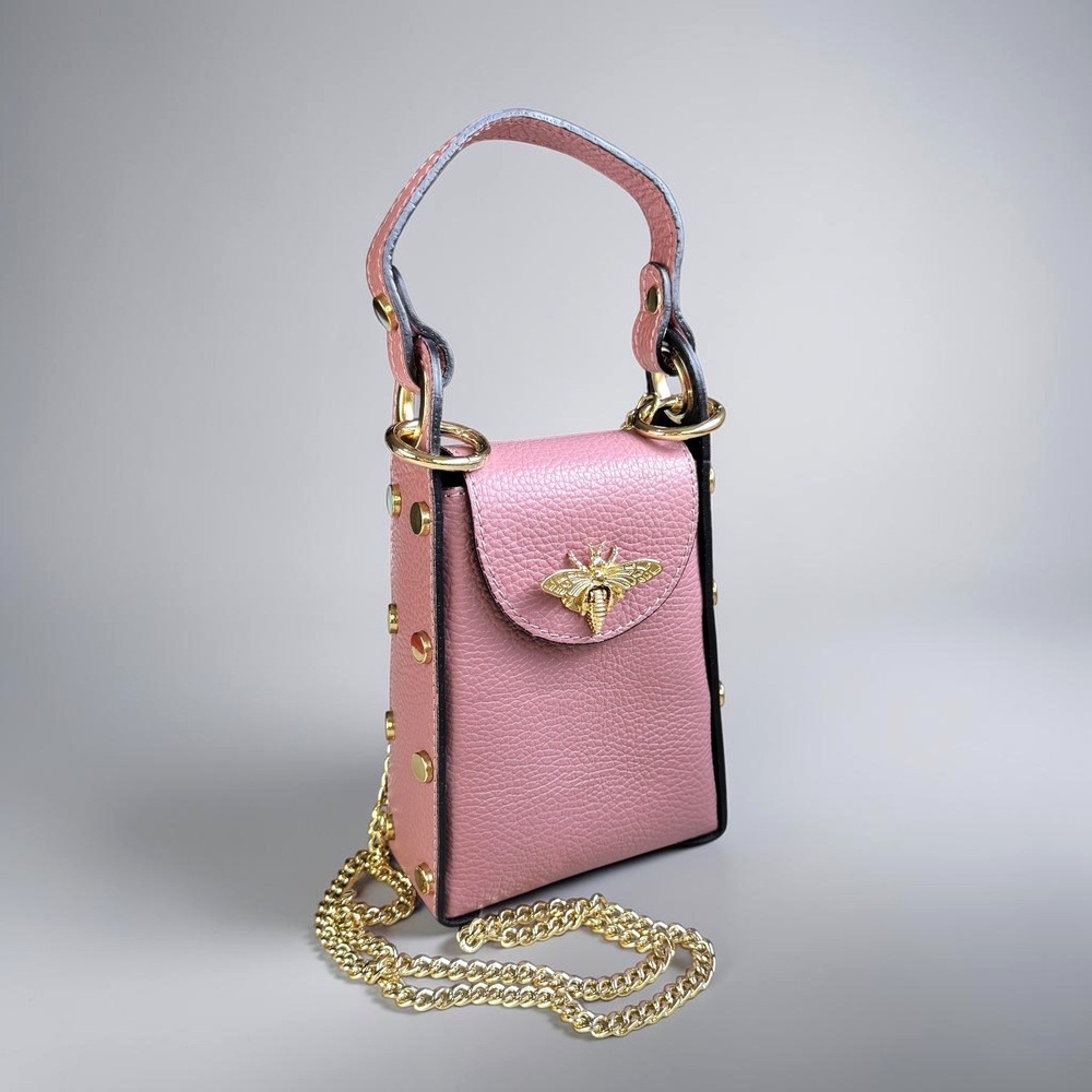Vera Pelle Made in Italy Pink Pebbled Leather Bee Mini Crossbody Phone Bag